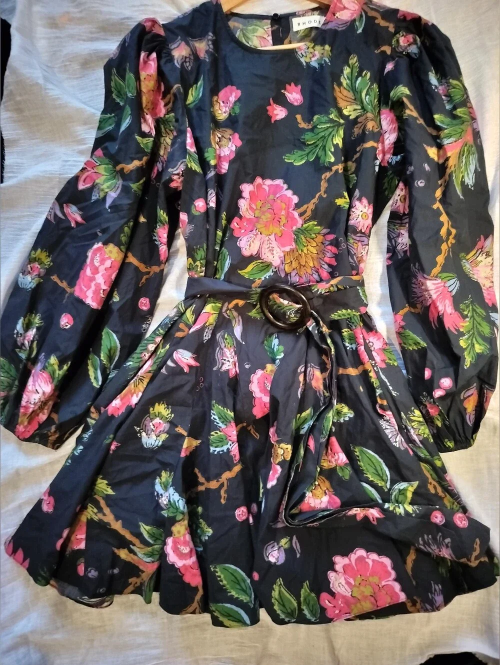 NEW Rhode Floral Print Black Puff-Sleeve Fit & Flare Dress 100% Cotton - Large - Picture 4 of 11